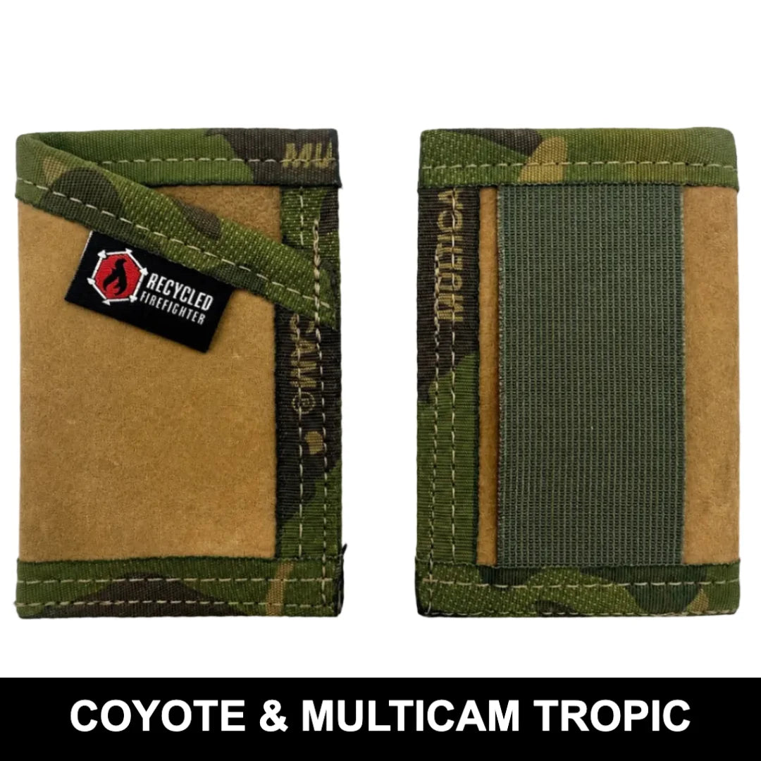 Coyote & Multicam Tropic Sergeant Wallet by Recycled Firefighter. Blends combat boot leather with green camo details for slim, rugged everyday organization.