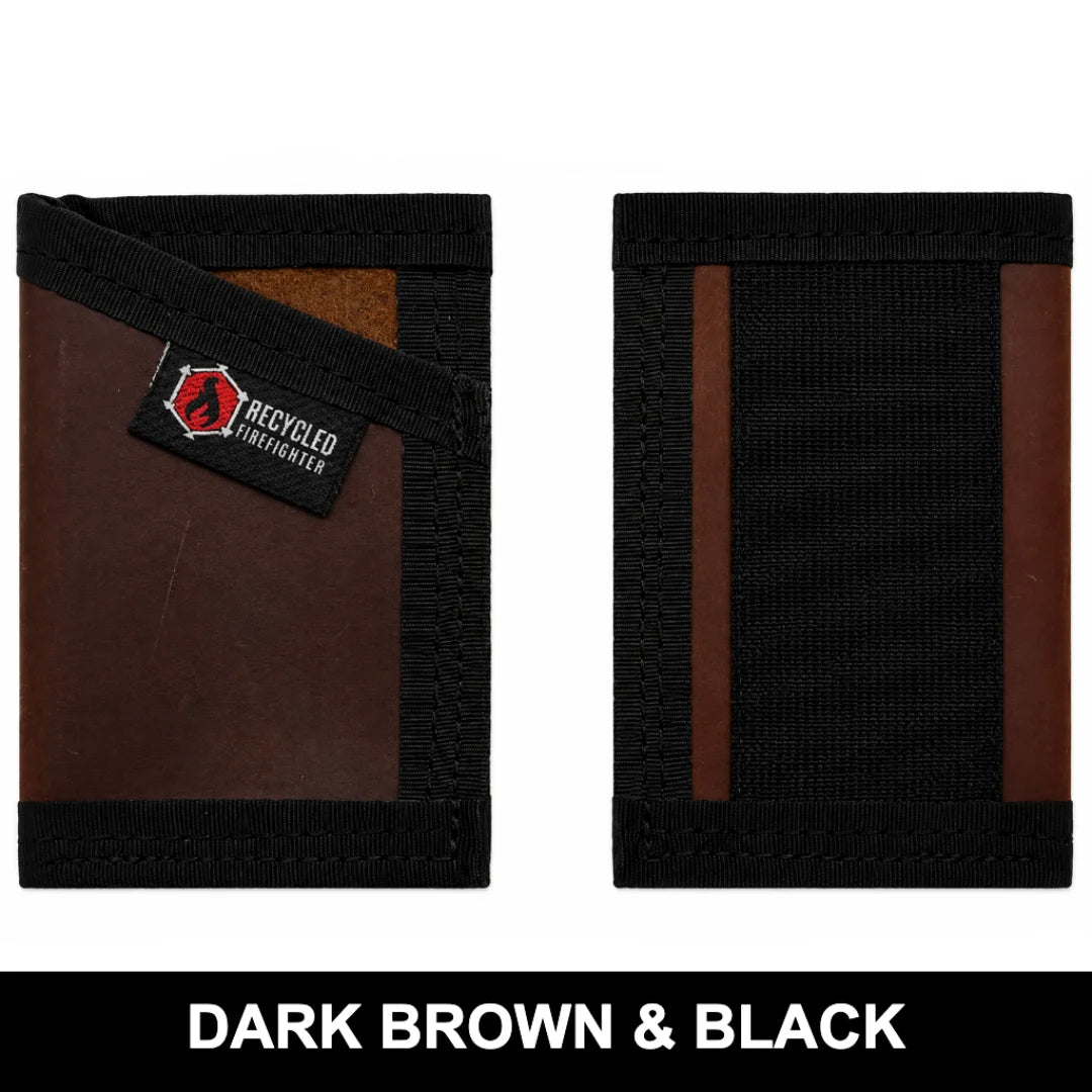 Dark brown and black combat leather Sergeant Wallet from Recycled Firefighter. Rich leather tones mature beautifully over time.