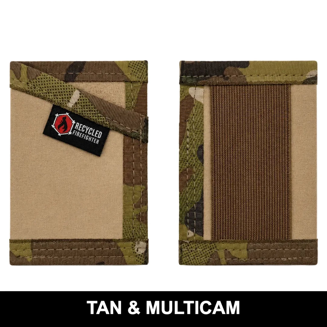 Tan & Multicam Sergeant Wallet by Recycled Firefighter. Made from combat boot leather with classic camo styling, front-pocket comfort, and easy card access.