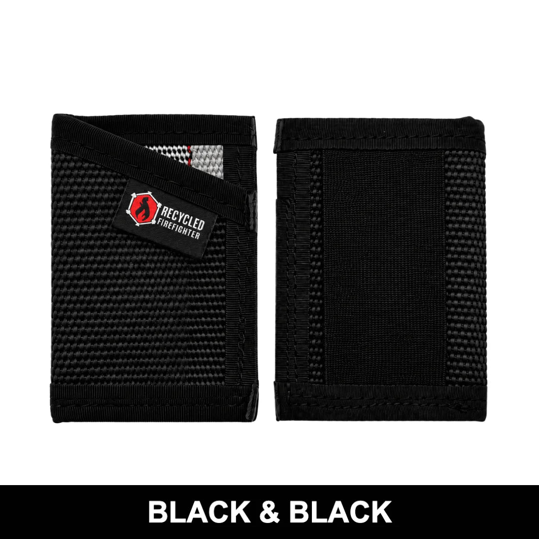 All-black Sergeant Wallet by Recycled Firefighter in stealth configuration. Fire hose construction maintains low profile in any environment.