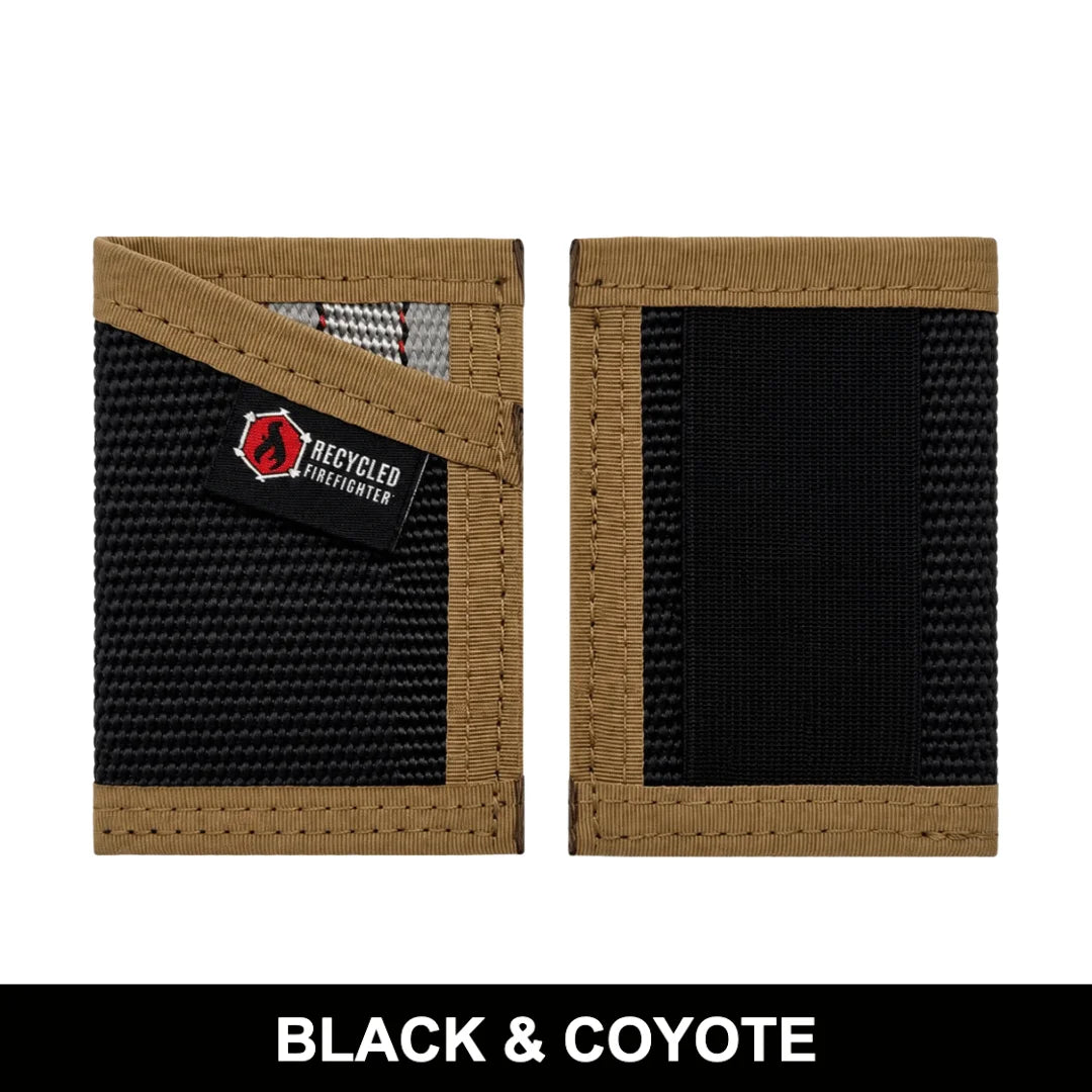 Black fire hose with coyote interior Sergeant Wallet. Recycled Firefighter balances professional exterior with earth-tone tactical lining.