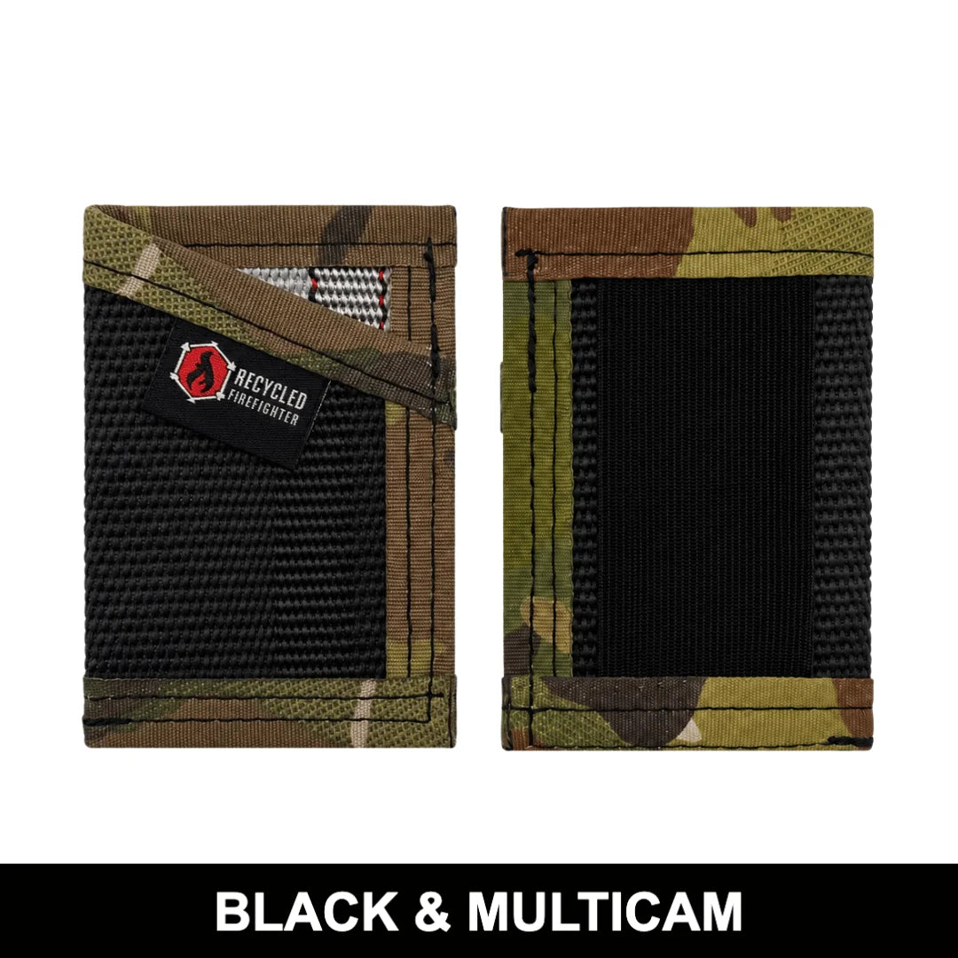 Professional black and multicam Sergeant Wallet from Recycled Firefighter. Fire hose durability meets versatile tactical camouflage interior.
