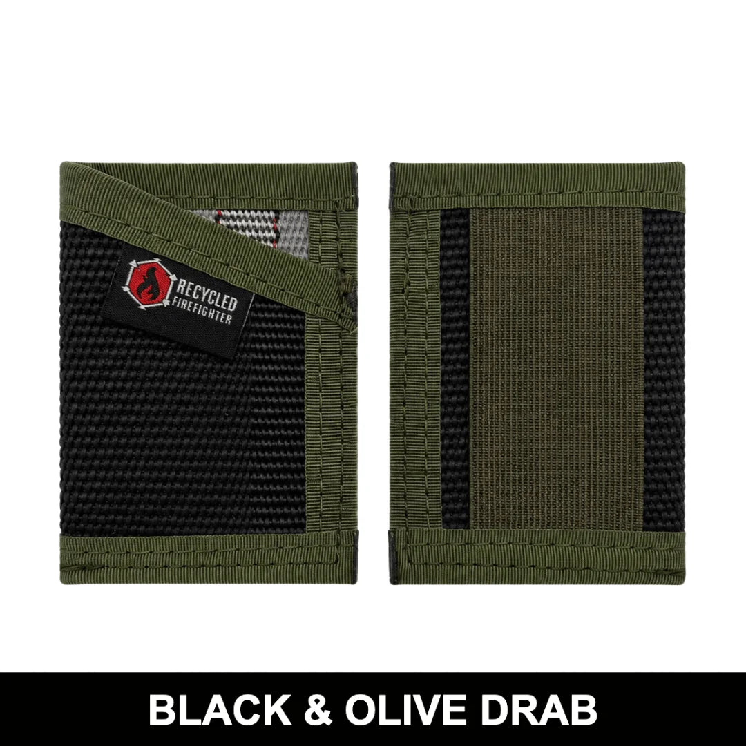 Military-styled black and olive drab Sergeant Wallet from Recycled Firefighter. Classic color combination honors service heritage.