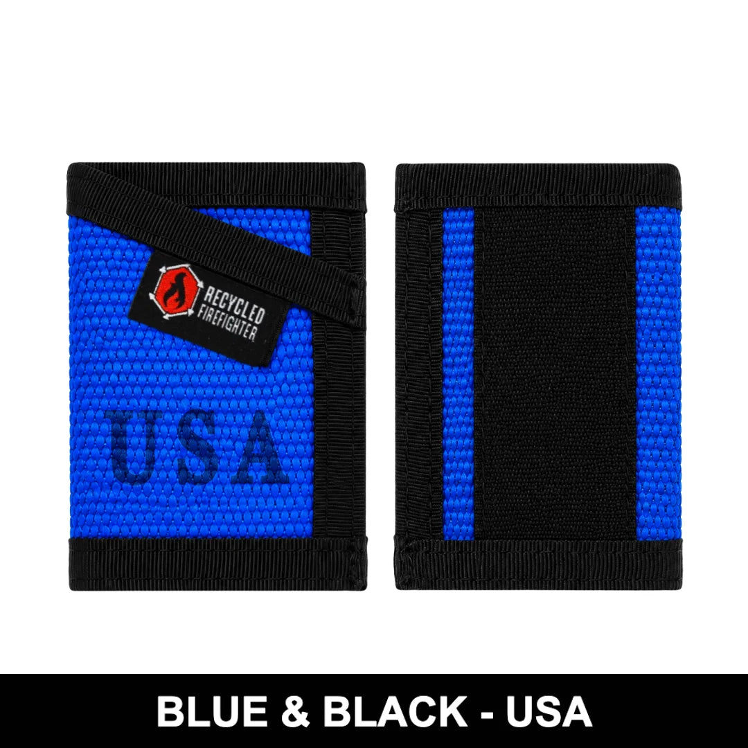 The Blue Sergeant Wallet Firehose Edition from Recycled Firefighter includes a heavy-duty black elastic band for cards and cash.