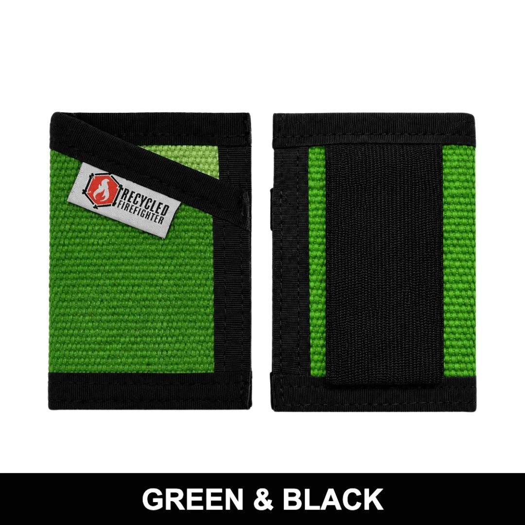 Bold green and black Sergeant Wallet from Recycled Firefighter. Crafted from retired fire hose, this eco-friendly wallet honors firefighter service while organizing cards and cash.