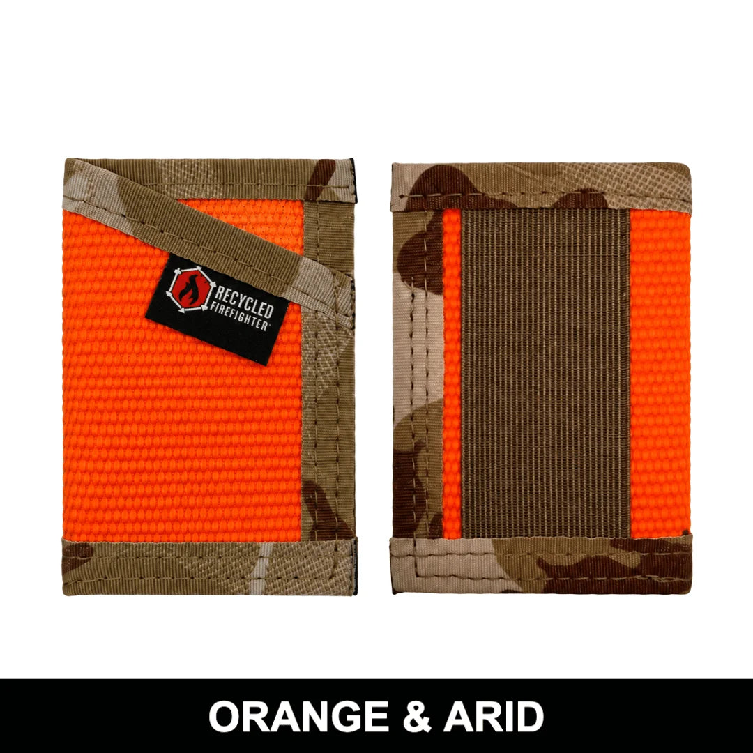 Orange & Arid Sergeant Wallet combines repurposed fire hose with a brown camo interior, slim front-pocket carry, and quick-access card organization.