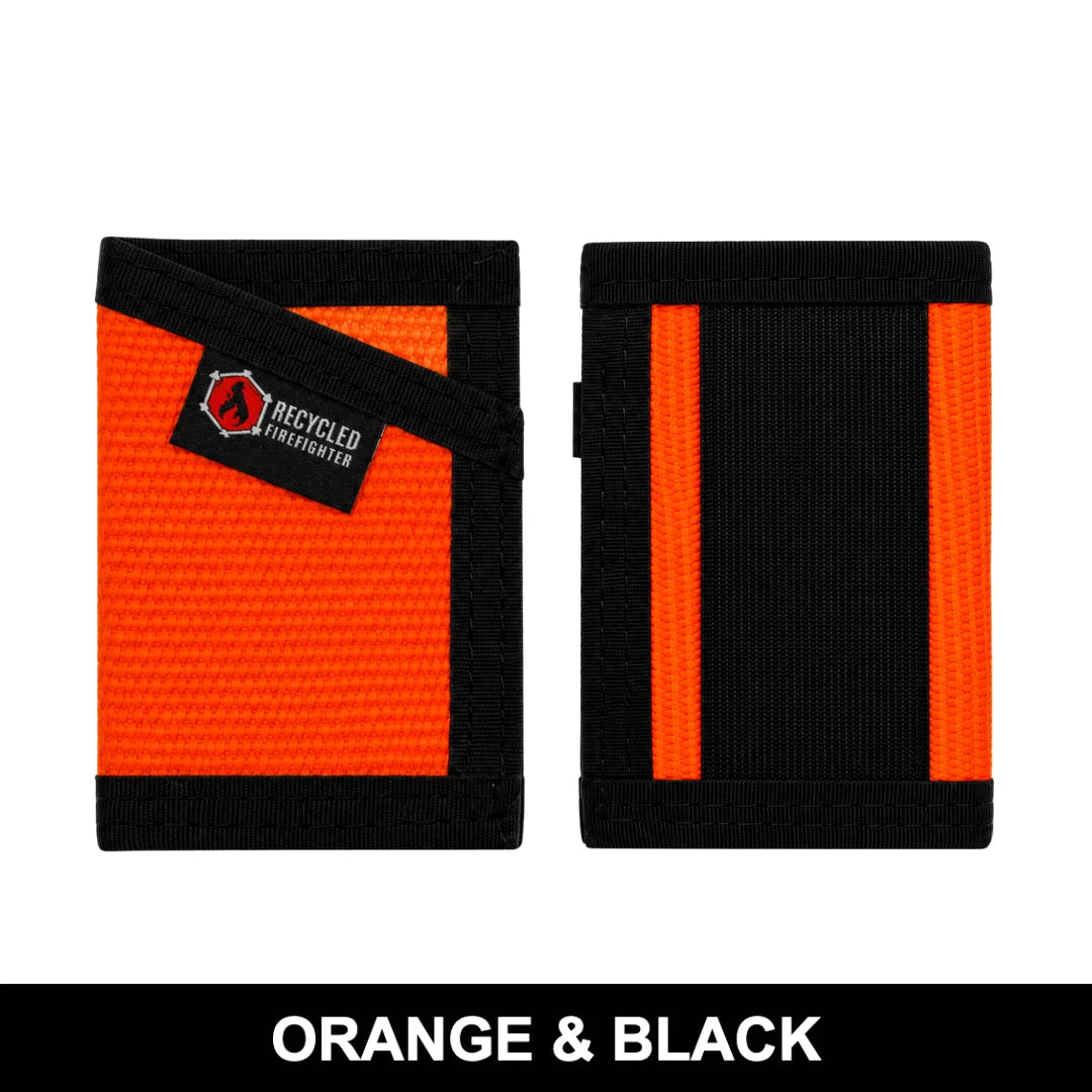 High-visibility orange and black Sergeant Wallet made from fire hose. Recycled Firefighter ensures gear identification during emergency response.