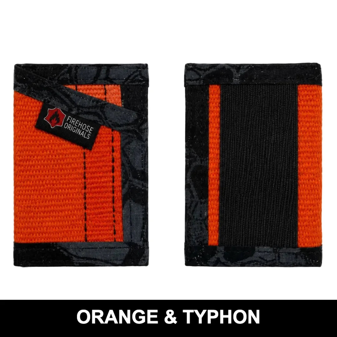 Orange & Typhon Sergeant Wallet combines repurposed fire hose with a dark camo interior, slim front-pocket carry, and quick-access card organization.