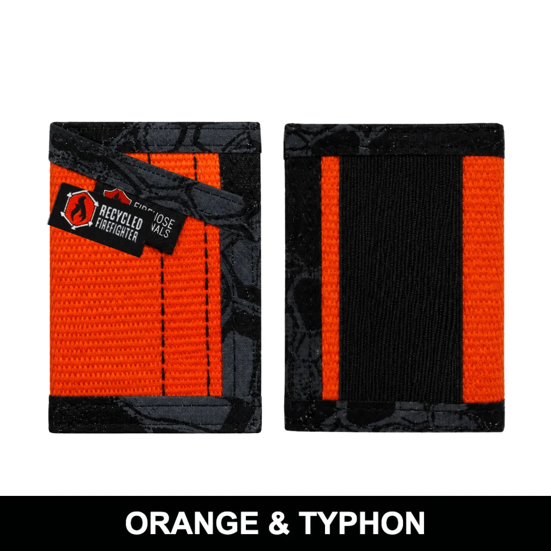 Orange & Typhon Sergeant Wallet combines repurposed fire hose with a dark camo interior, slim front-pocket carry, and quick-access card organization.