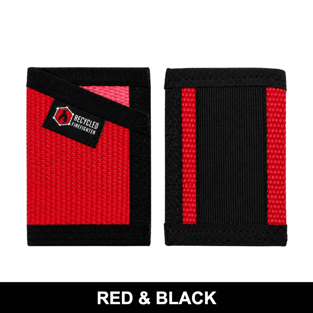 Striking red and black Sergeant Wallet crafted from fire hose. Recycled Firefighter's bold design ensures visibility while organizing tactical essentials.
