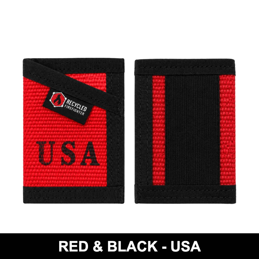 A vibrant Red Sergeant Wallet Firehose Edition by Recycled Firefighter accented with a durable black cash strap.