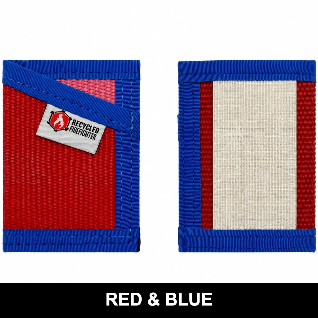 Patriotic red and blue Sergeant Wallet by Recycled Firefighter. Fire hose construction celebrates American pride with durable everyday carry.