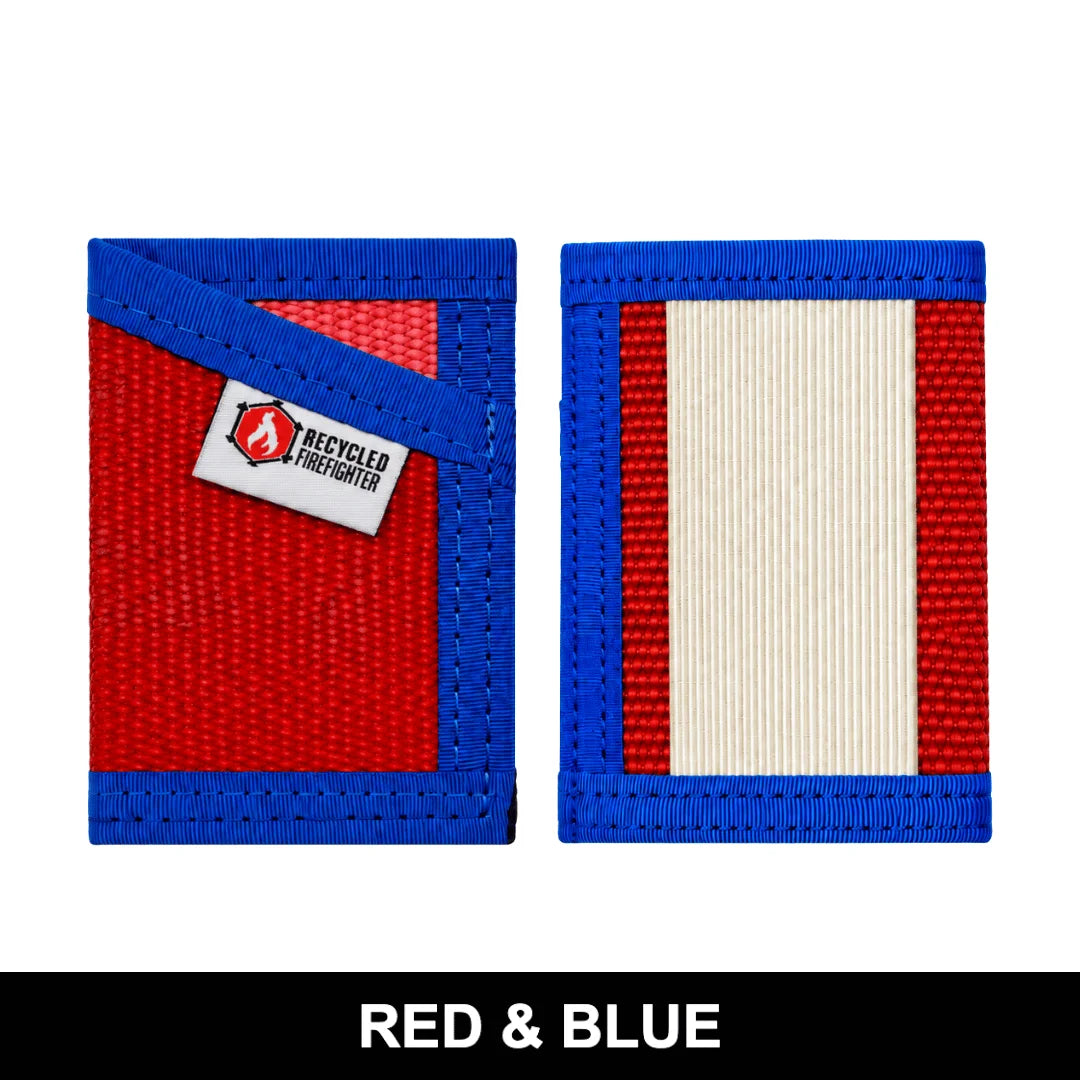 Patriotic red and blue Sergeant Wallet by Recycled Firefighter. Fire hose construction celebrates American pride with durable everyday carry.
