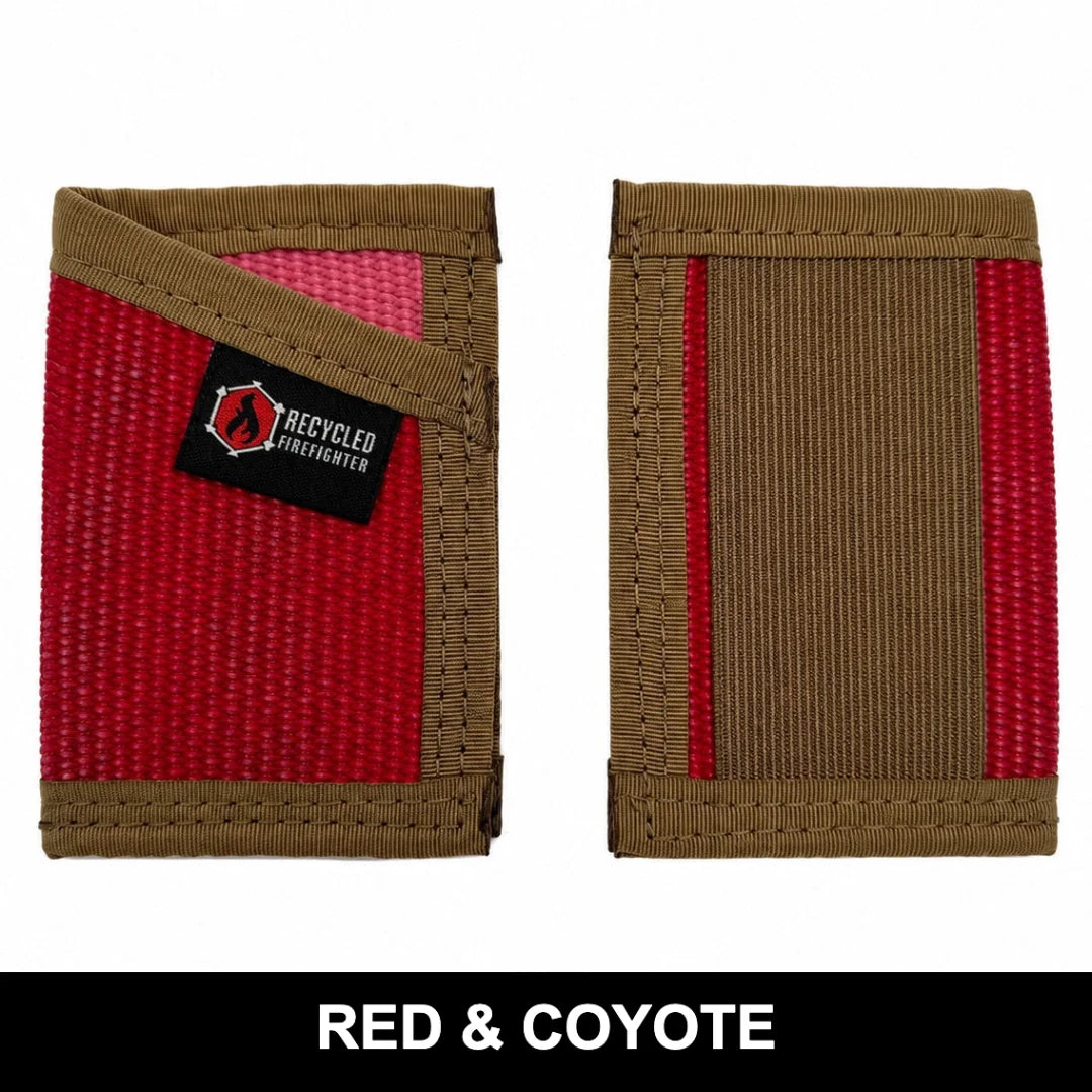 Red fire hose meets coyote lining in this Sergeant Wallet. Recycled Firefighter combines visibility with earth-tone tactical appeal.