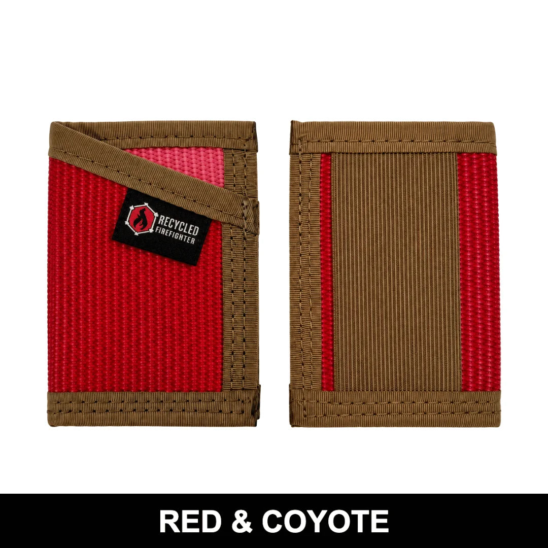 Red fire hose meets coyote lining in this Sergeant Wallet. Recycled Firefighter combines visibility with earth-tone tactical appeal.