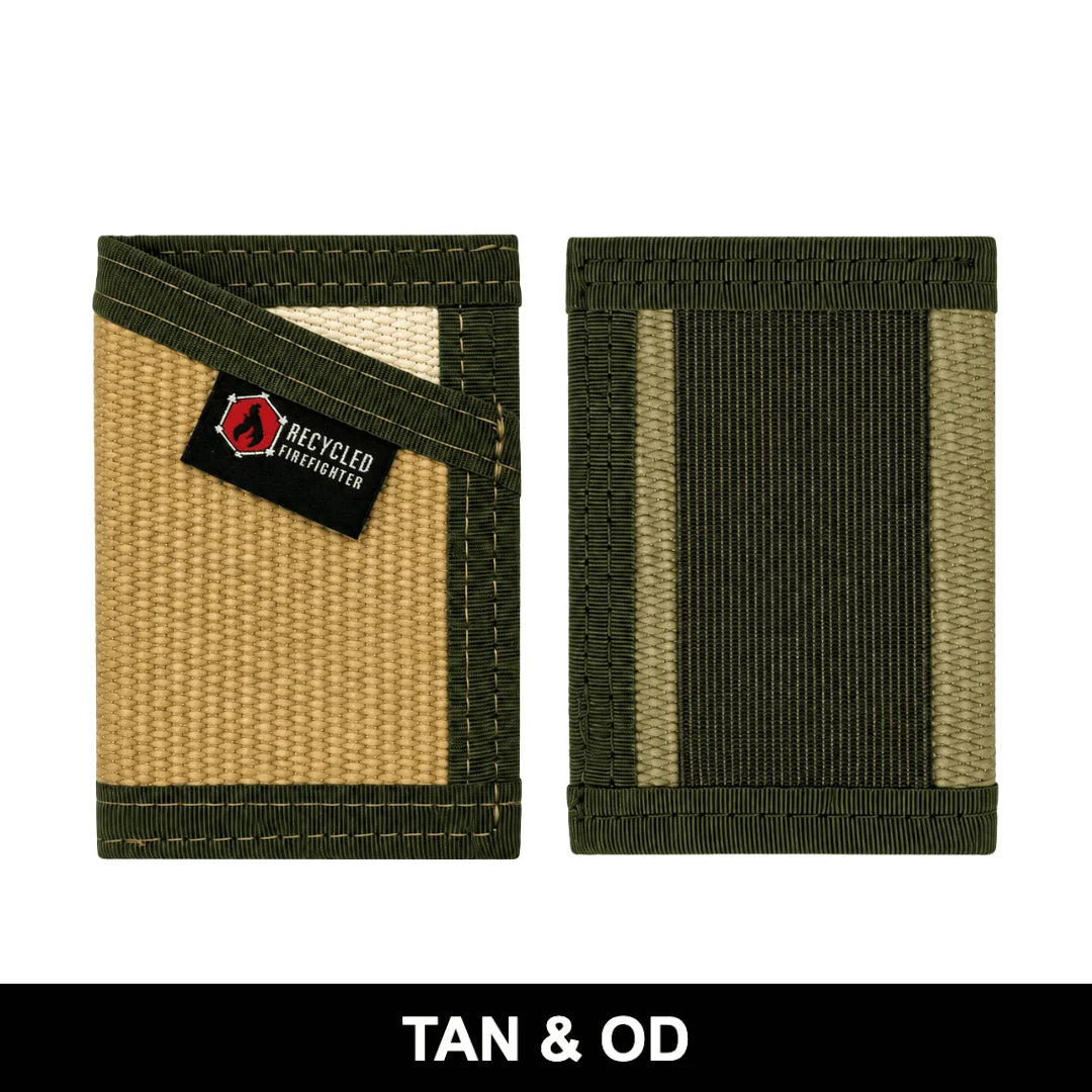 Neutral tan and olive drab Sergeant Wallet crafted from fire hose. Recycled Firefighter's earth-tone design provides environmental concealment.