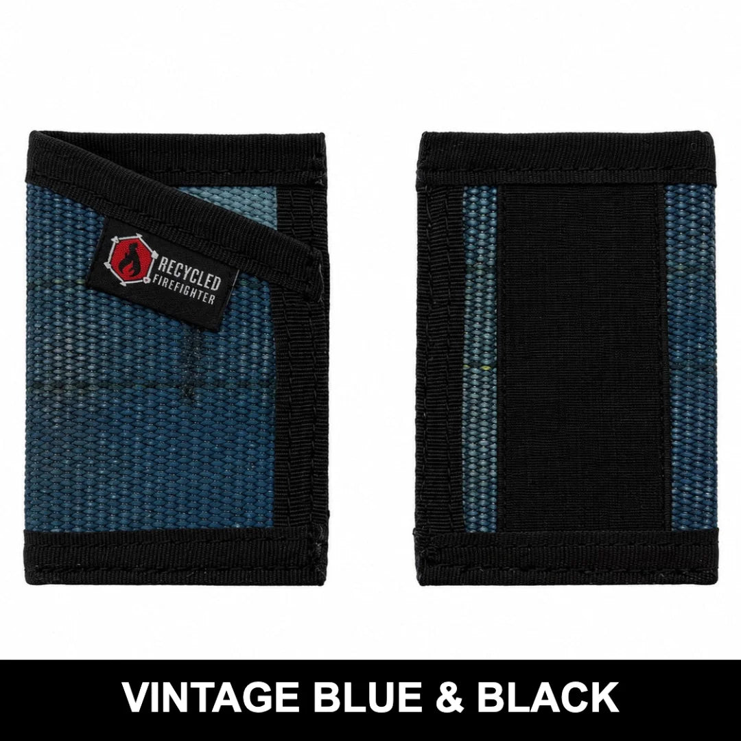 Aged vintage blue and black Sergeant Wallet from Recycled Firefighter. Distinctive coloring develops character through daily use.