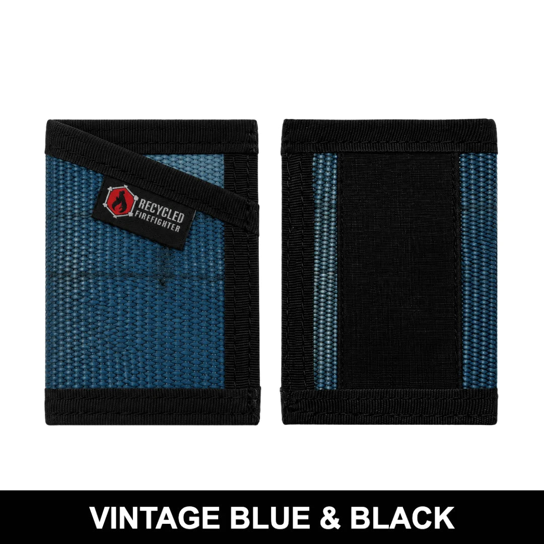 Aged vintage blue and black Sergeant Wallet from Recycled Firefighter. Distinctive coloring develops character through daily use.