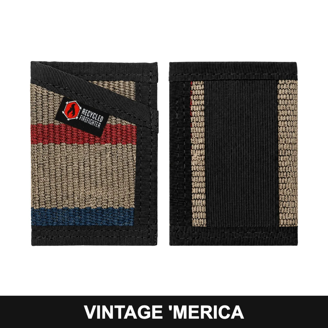 Limited Edition Merica Sergeant Wallet by Recycled Firefighter. Patriotic fire hose design honors American first responders with red, white, and blue styling.