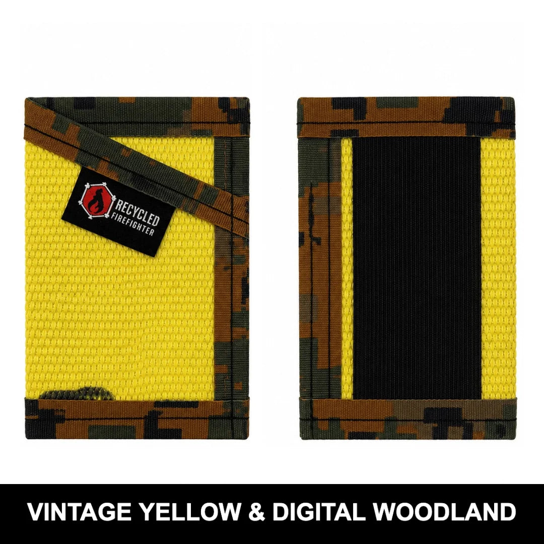 Vintage yellow pairs with digital woodland in this Sergeant Wallet. Recycled Firefighter blends traditional visibility with modern camouflage.