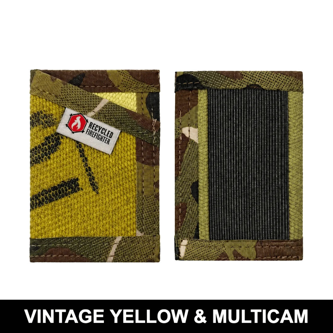 Vintage yellow meets multicam in this Sergeant Wallet by Recycled Firefighter. Fire hose construction creates durable tactical storage with distinctive color blocking.