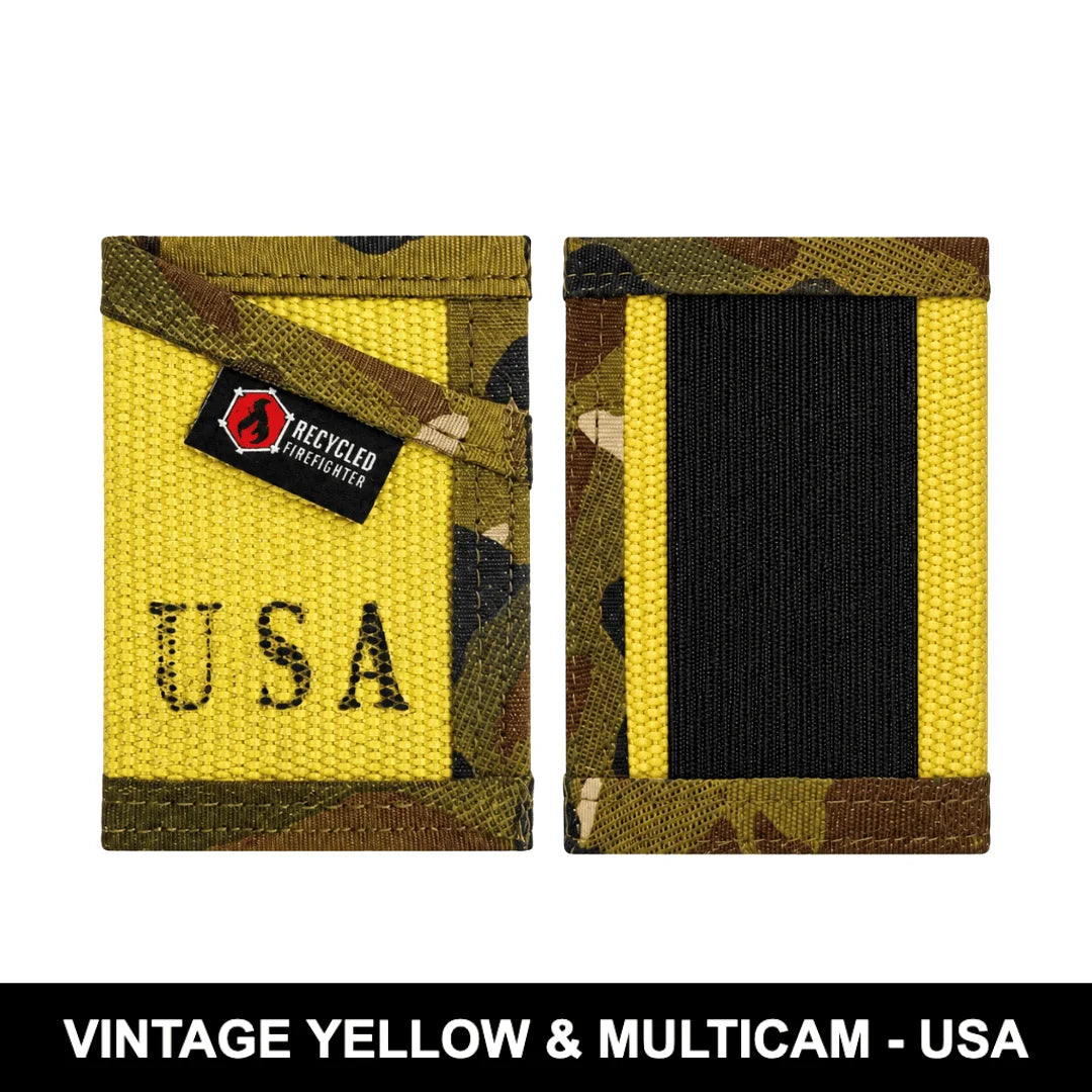 Recycled Firefighter's Vintage Yellow Sergeant Wallet Firehose Edition paired with a tactical Multicam camouflage strap.