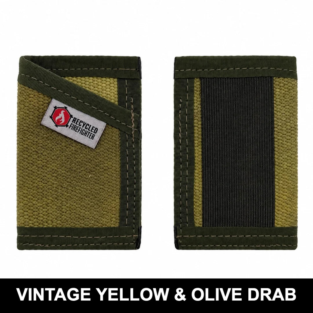 Military-inspired vintage yellow and olive drab Sergeant Wallet. Recycled Firefighter combines visibility requirements with tactical styling.