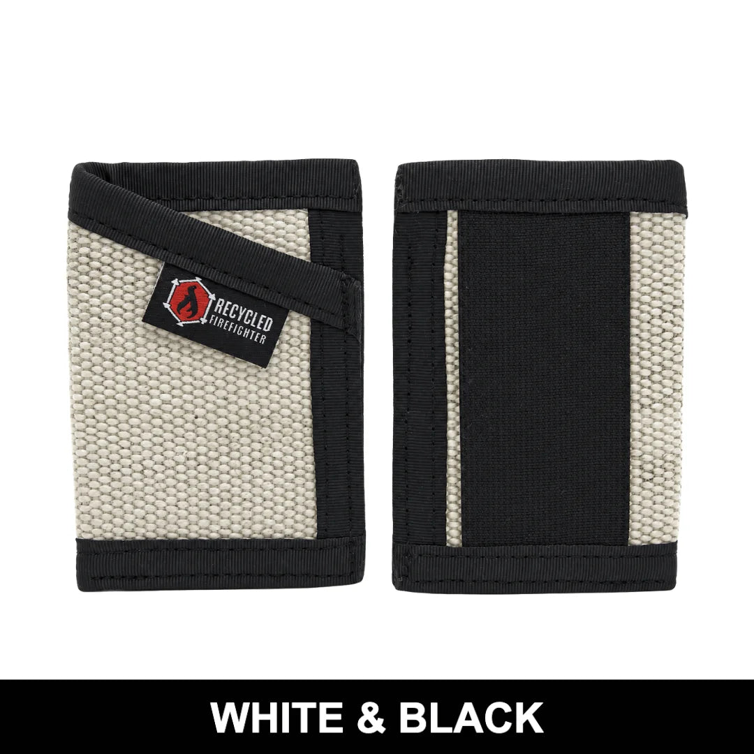Clean white and black Sergeant Wallet made from recycled fire hose. Recycled Firefighter's design celebrates first responder heritage with professional appearance.