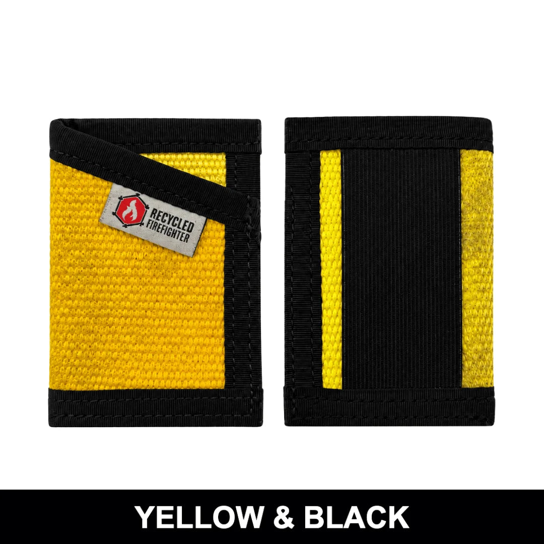 Bright yellow and black Sergeant Wallet by Recycled Firefighter. Fire hose material provides durability with eye-catching tactical appeal.