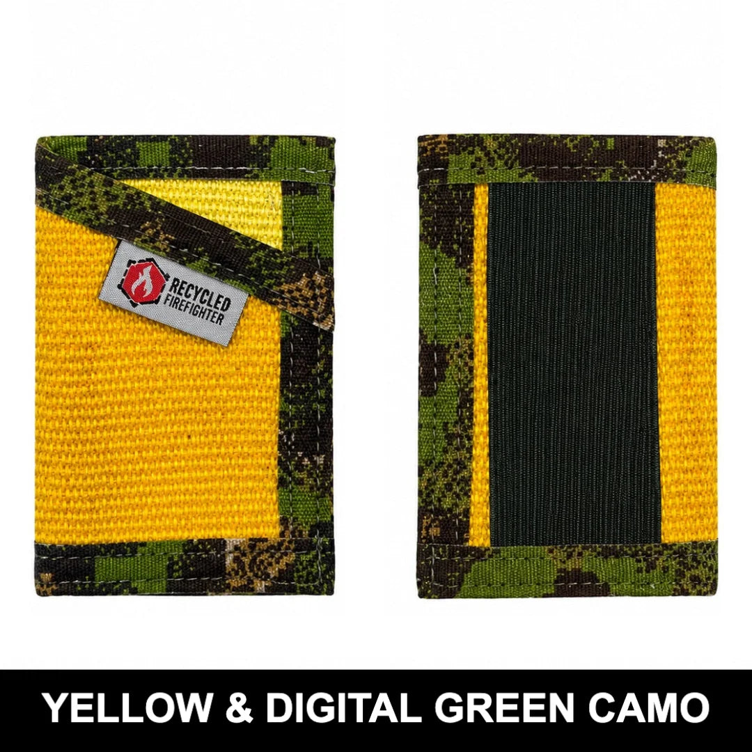 Vintage Yellow & Digital Green Camo Sergeant Wallet featuring repurposed fire hose, a rugged two-tone finish, slim carry, and secure card storage.