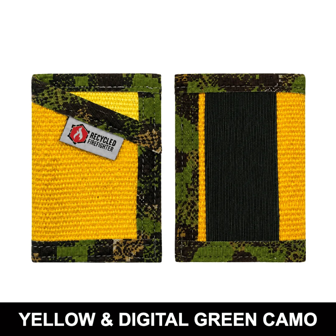Vintage Yellow & Digital Green Camo Sergeant Wallet featuring repurposed fire hose, a rugged two-tone finish, slim carry, and secure card storage.