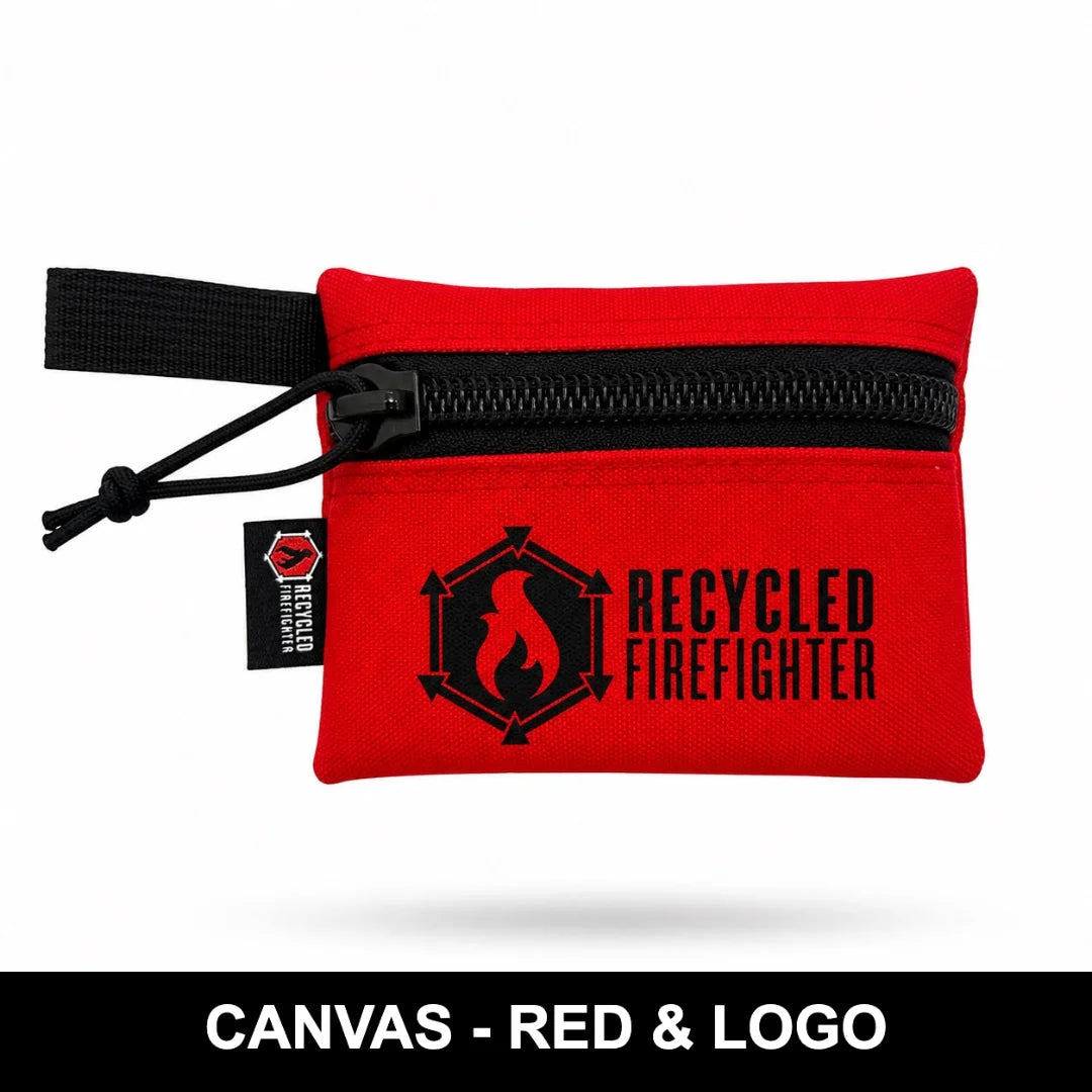 Canvas Red Truckie Medium by Recycled Firefighter pouch with a branded logo, sturdy construction, and a compact zippered design for organizing essential gear.