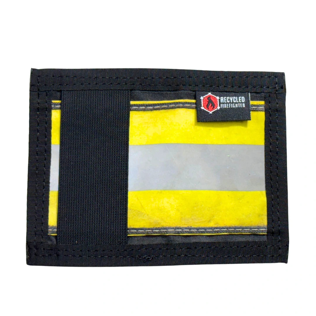 Fluorescent stripe Rookie Wallet by Recycled Firefighter. High-visibility bunker gear honors fire service with bright safety striping.