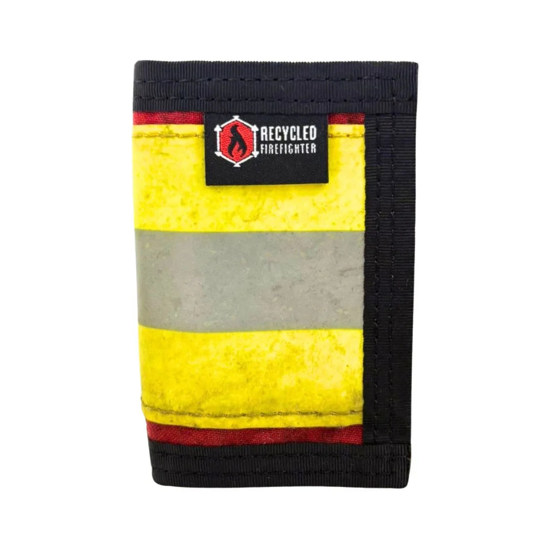Red stripe Rookie Wallet made from bunker gear. Recycled Firefighter honors bold fire service tradition with stripe design.