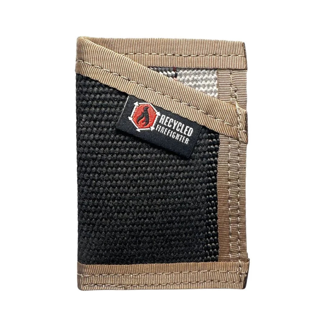 Black fire hose with coyote interior Sergeant Wallet. Recycled Firefighter balances professional exterior with earth-tone tactical lining.
