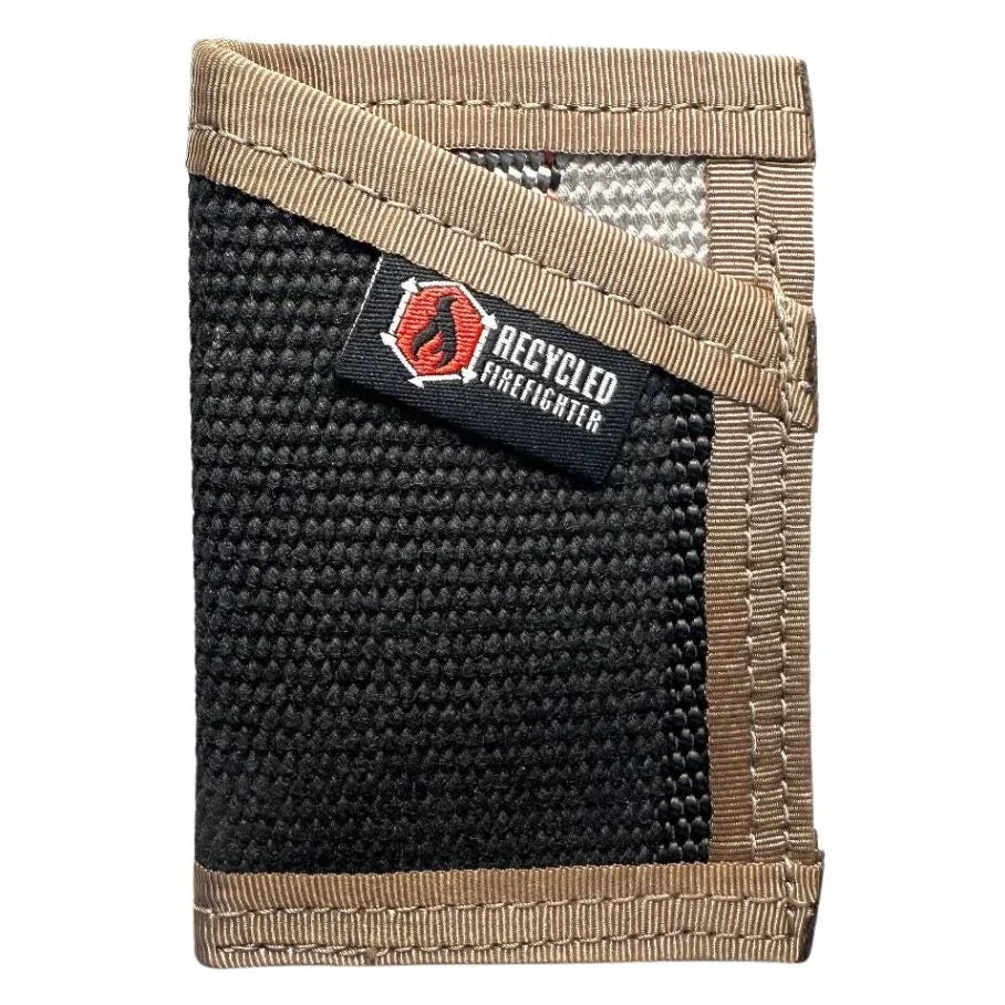 Black fire hose with coyote interior Sergeant Wallet. Recycled Firefighter balances professional exterior with earth-tone tactical lining.