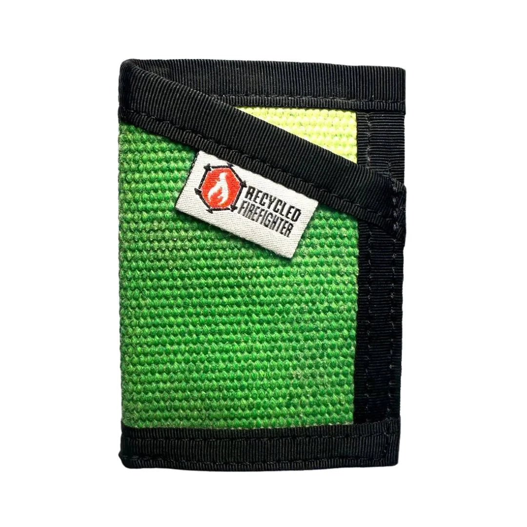 Bold green and black Sergeant Wallet from Recycled Firefighter. Crafted from retired fire hose, this eco-friendly wallet honors firefighter service while organizing cards and cash.