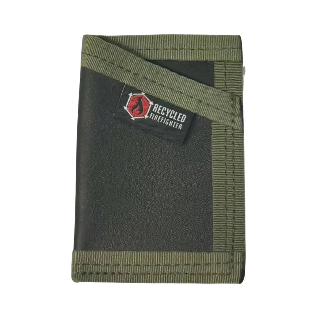 Refined leather black and olive drab Sergeant Wallet. Recycled Firefighter combines premium construction with military heritage colors.