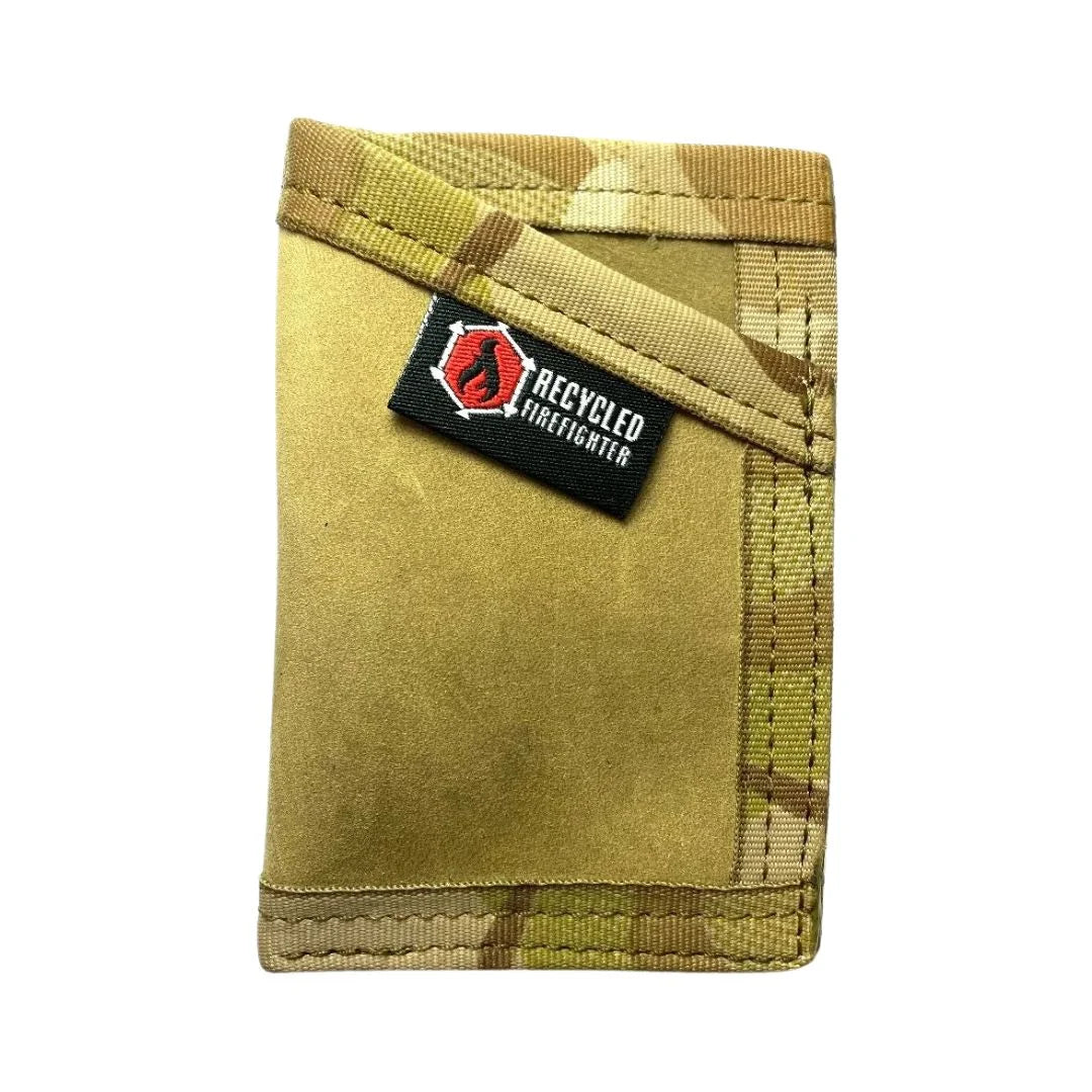 Desert leather coyote and arid pattern Sergeant Wallet. Recycled Firefighter optimizes design for hot, dry environment operations.