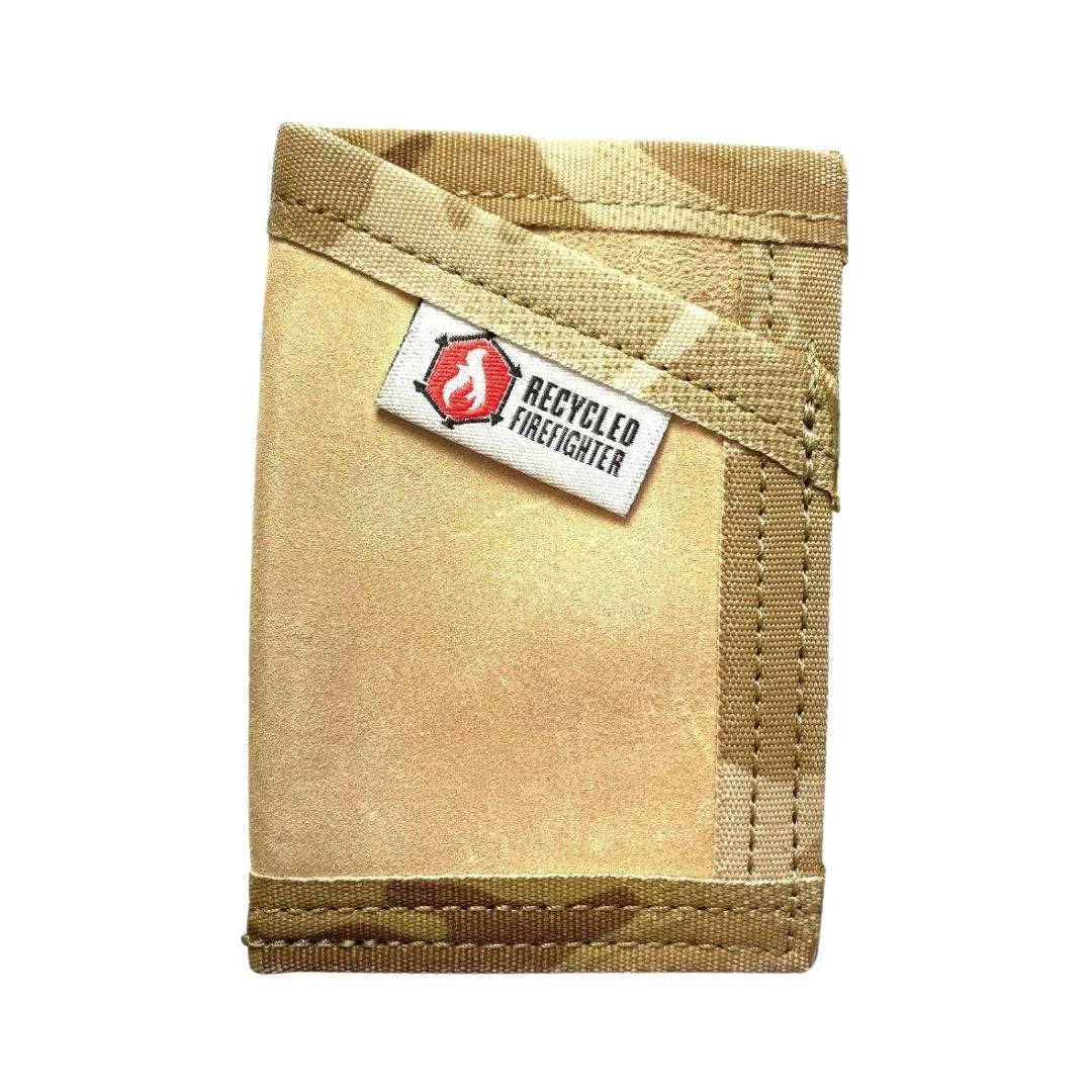 Premium leather tan with multicam arid Sergeant Wallet by Recycled Firefighter. Desert-optimized design combines luxury with tactical function.