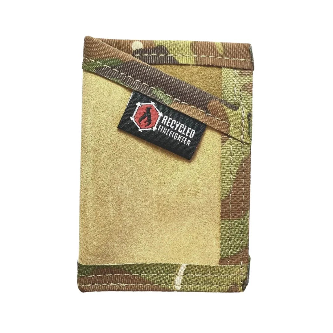 Leather tan exterior with multicam interior Sergeant Wallet. Recycled Firefighter merges refined aesthetics with tactical versatility.