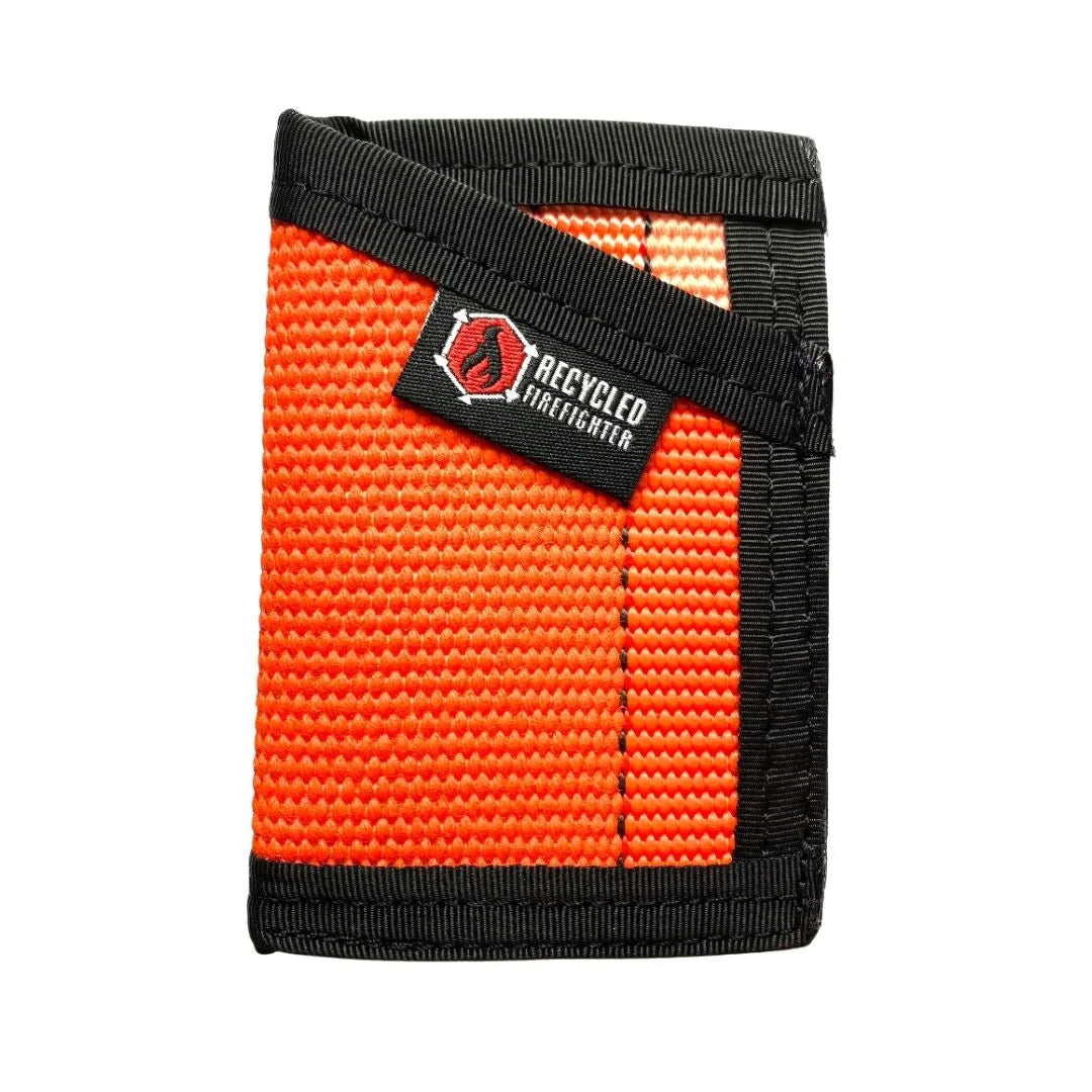 High-visibility orange and black Sergeant Wallet made from fire hose. Recycled Firefighter ensures gear identification during emergency response.