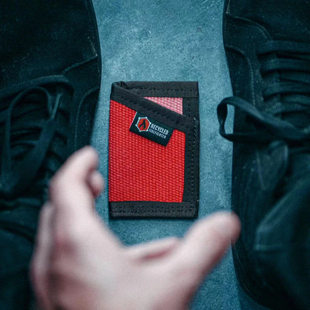 Slim front pocket wallet made from real decommissioned fire hose, handmade in America