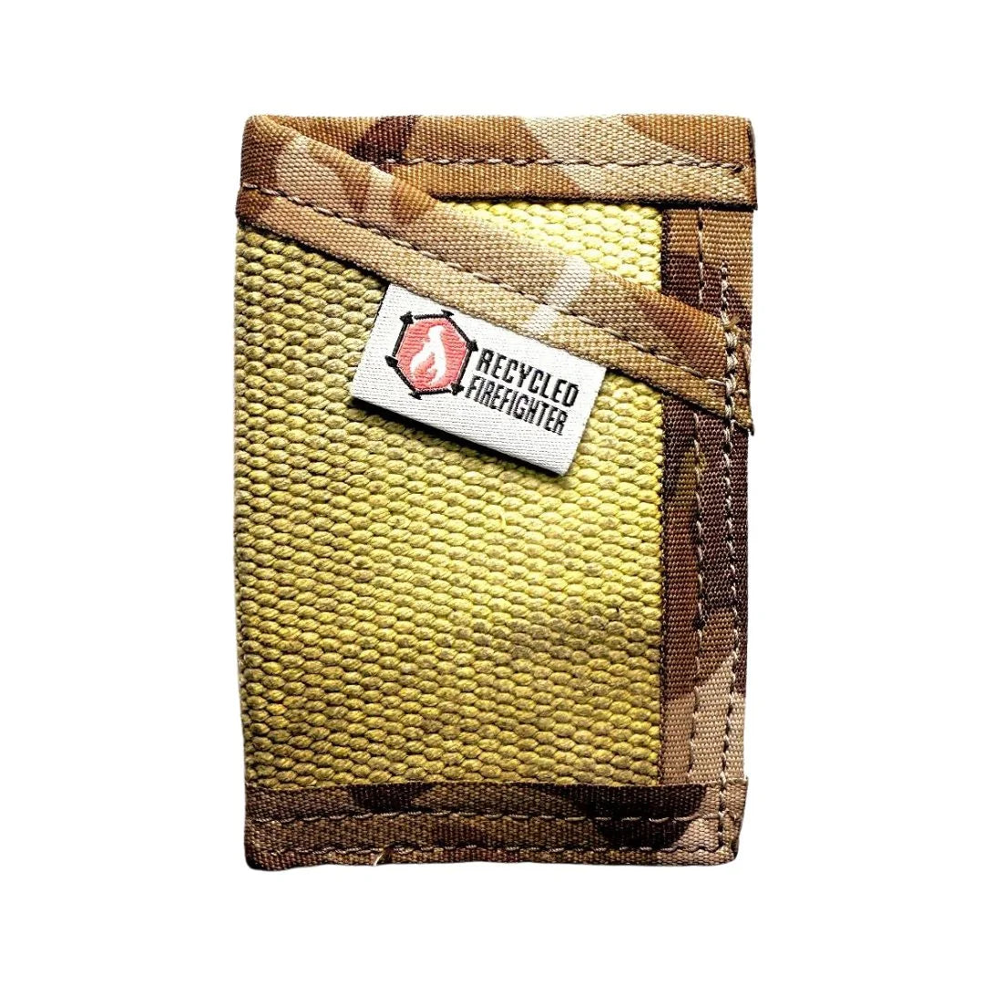 Desert-ready vintage yellow and multicam arid Sergeant Wallet. Recycled Firefighter's fire hose design adapts to arid environments.