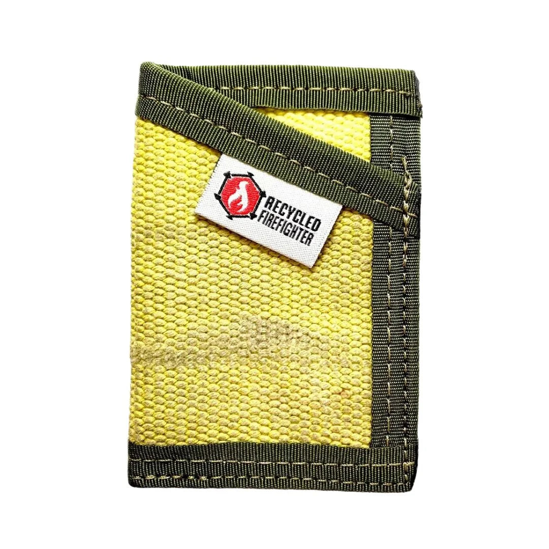 Military-inspired vintage yellow and olive drab Sergeant Wallet. Recycled Firefighter combines visibility requirements with tactical styling.