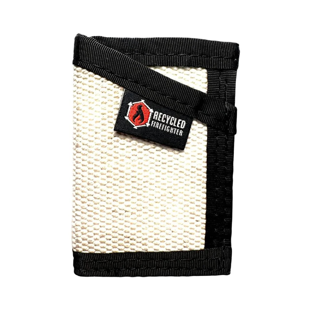 Clean white and black Sergeant Wallet made from recycled fire hose. Recycled Firefighter's design celebrates first responder heritage with professional appearance.
