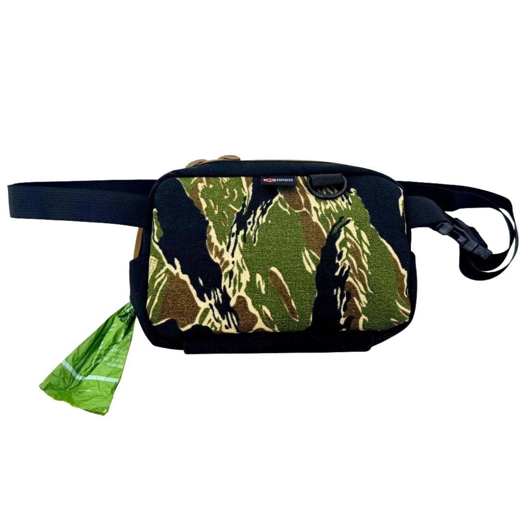 Jungle tiger stripe TrailHound Fanny Pack by Recycled Firefighter. Bold wildlife camo keeps hands free while securing gear at the waist.