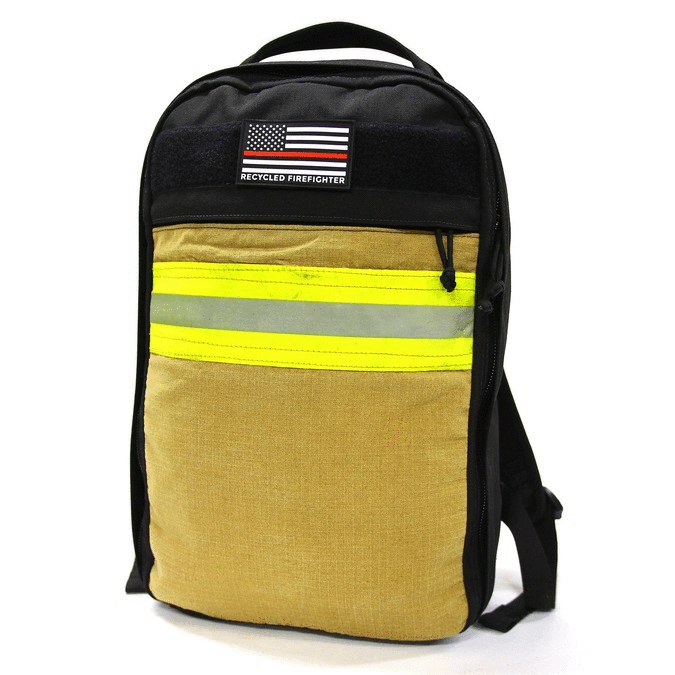 The Chief USA-made tactical backpack by Recycled Firefighter featuring a high-visibility yellow repurposed firefighter bunker gear front panel.