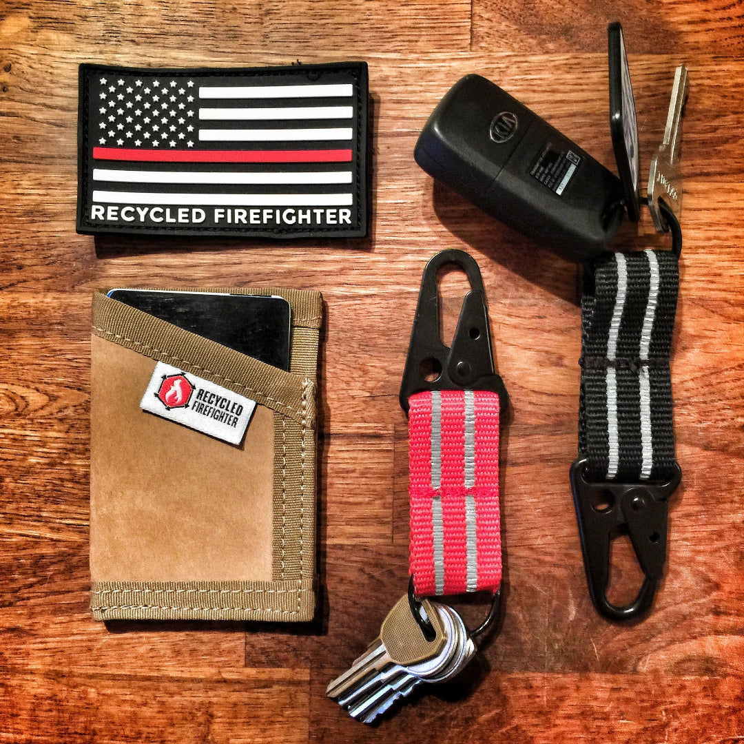 The Chauffeur - Durable keychain clip Recycledfirefighter in Red, Black, Sergeant Wallet Leather, and Recycledfirefighter patch.
