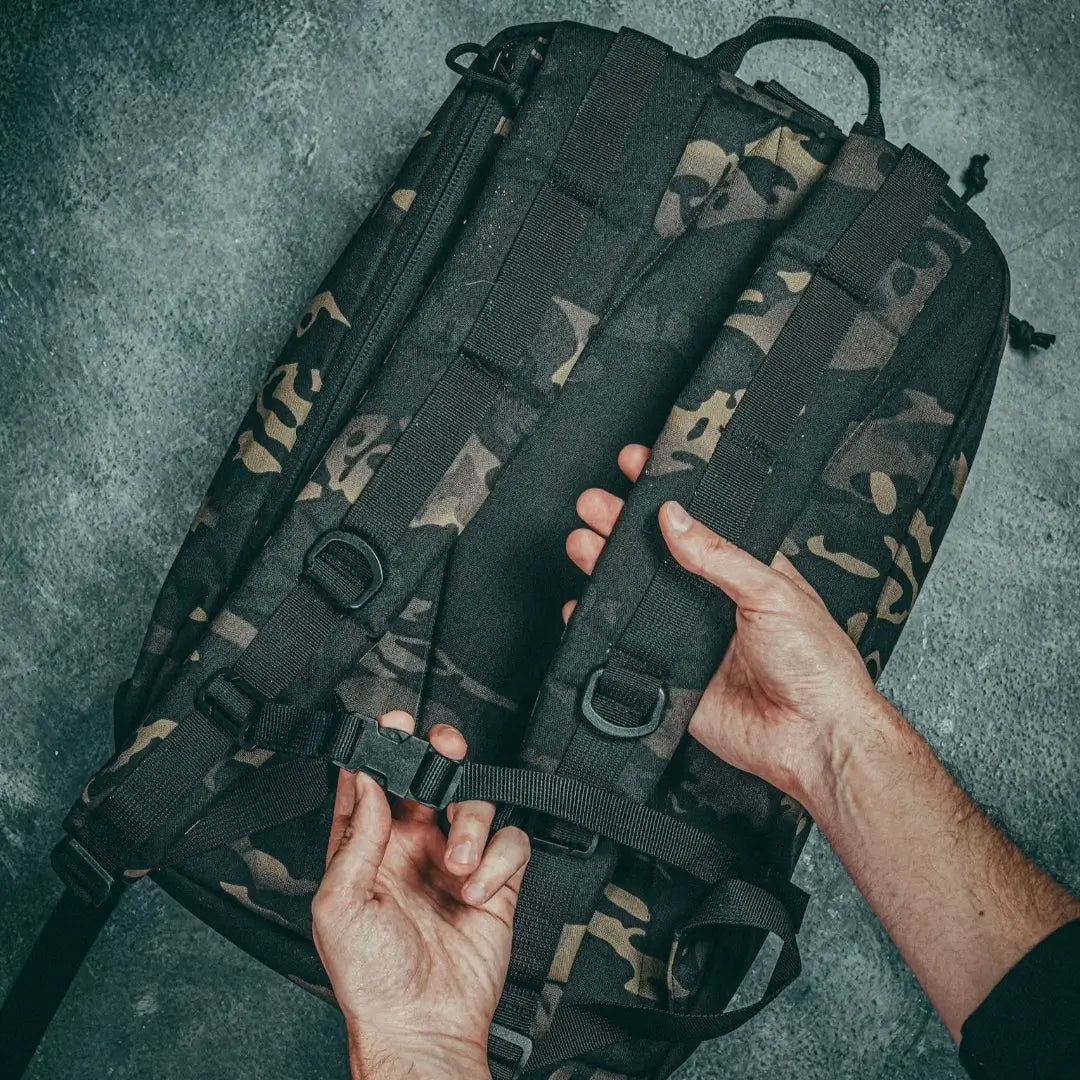 The 24 Hour Backpack 500D in MCAMBLK from Recycled Firefighter. Professional-grade quality for everyday tactical use and operations.